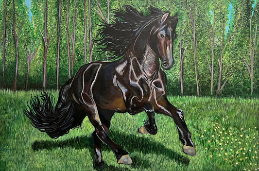 "Friesian Stallion in a Field" Acrylic 24 x 36