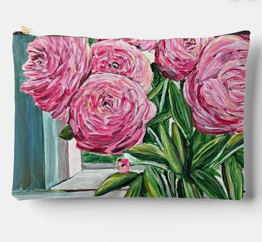 "Peony Perfection" Canvas Accessory Pouch- Large
